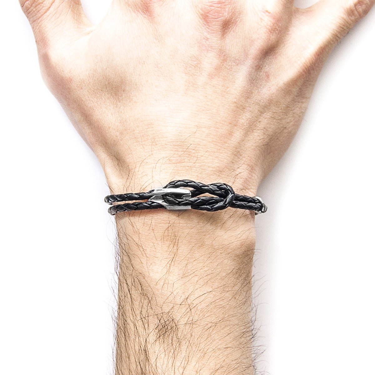 Padstow Silver and Braided Leather Bracelet - Coal Black