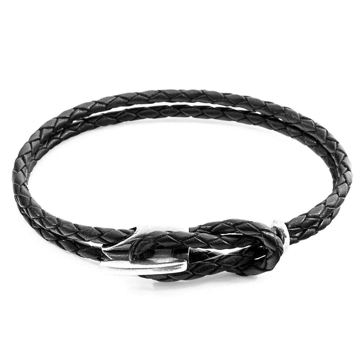 Padstow Silver and Braided Leather Bracelet - Coal Black