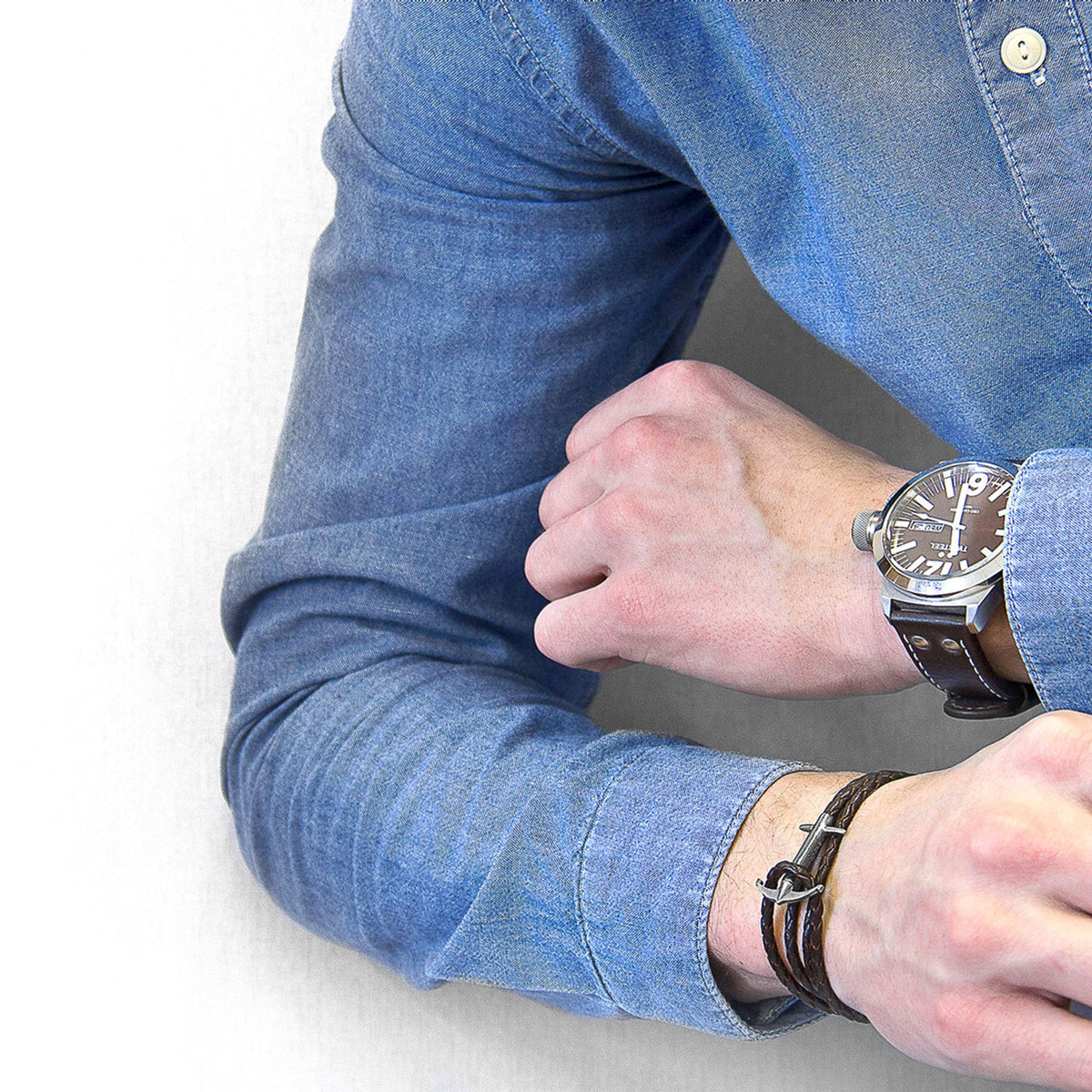 Admiral Anchor Silver and Braided Leather Bracelet - Dark Brown