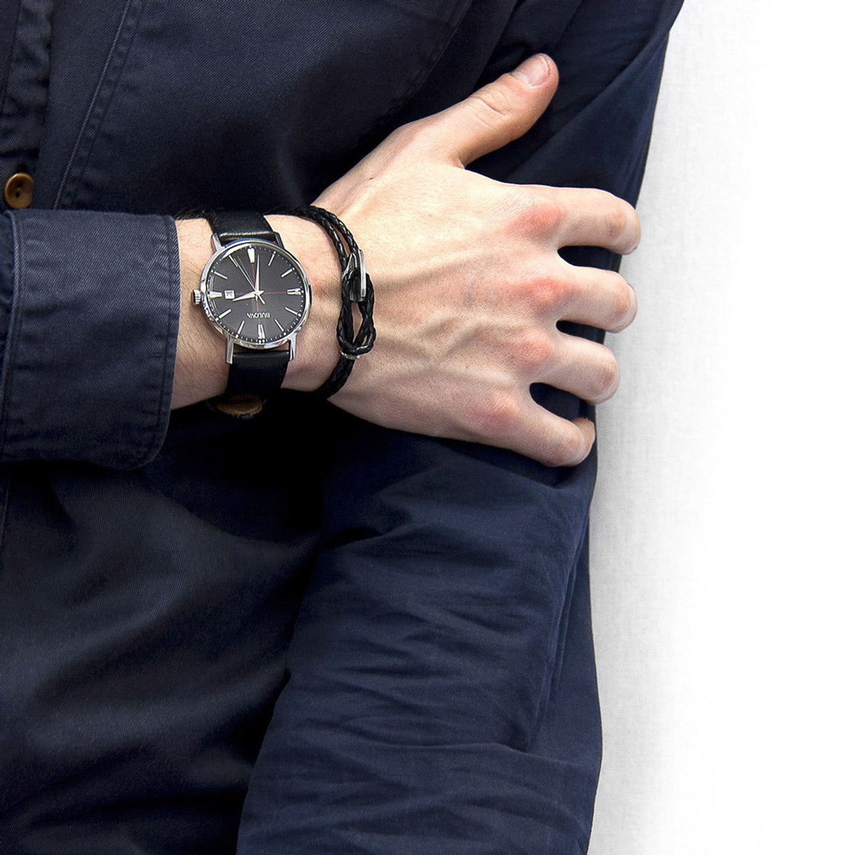 Padstow Silver and Braided Leather Bracelet - Coal Black