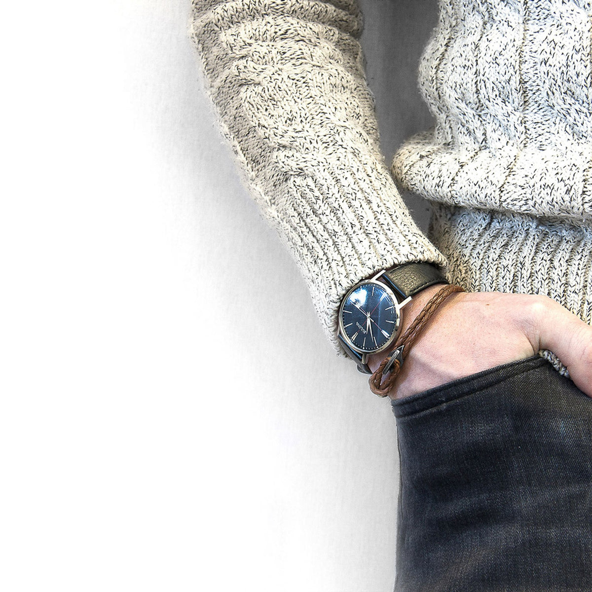 Padstow Silver and Braided Leather Bracelet - Light Brown